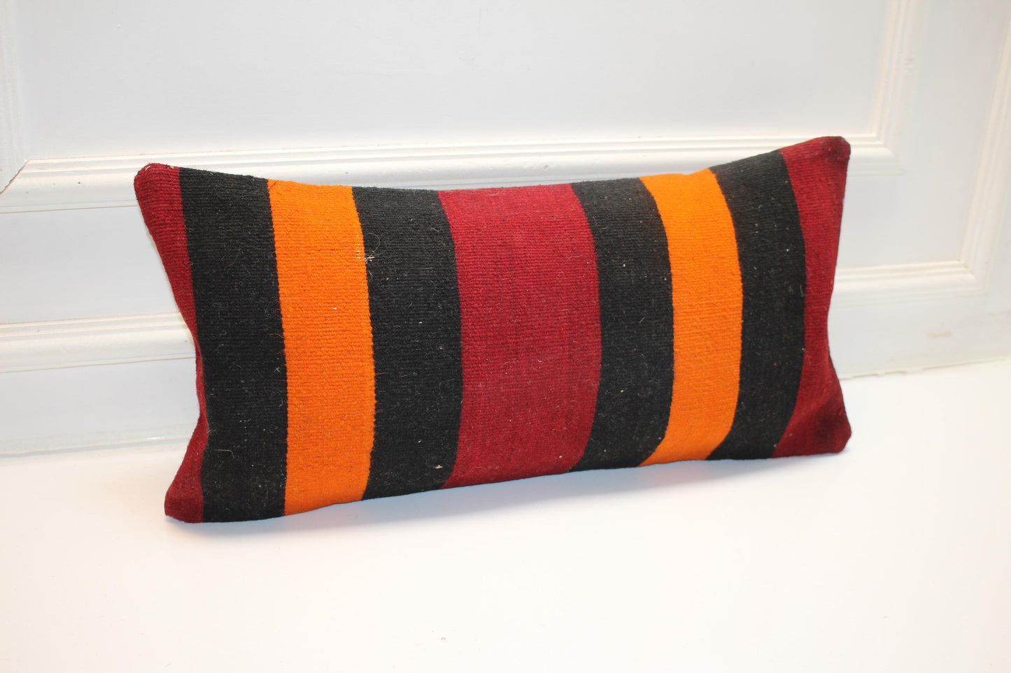 Striped Anatolian Kilim Lumbar Pillow Cover, Red Black Orange, 12x24