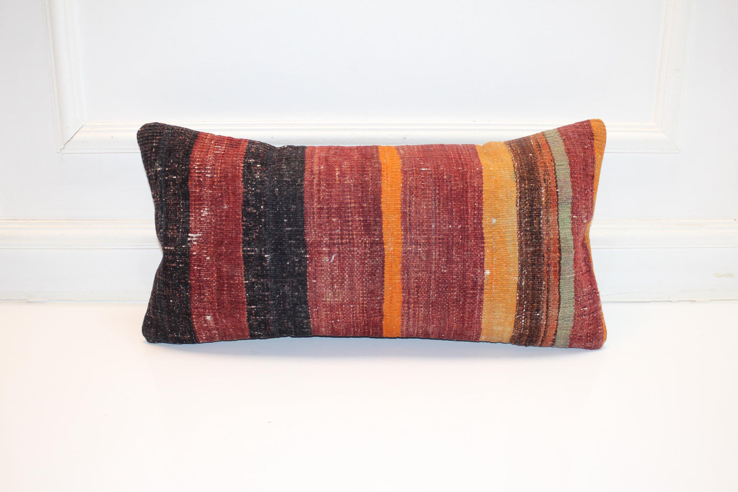 Striped Kilim Lumbar Pillow Cover, Earth Tone Woven Wool, 12x24