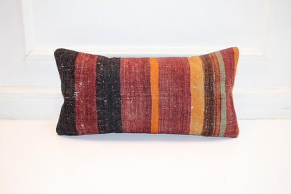 Striped Kilim Lumbar Pillow Cover, Earth Tone Woven Wool, 12x24