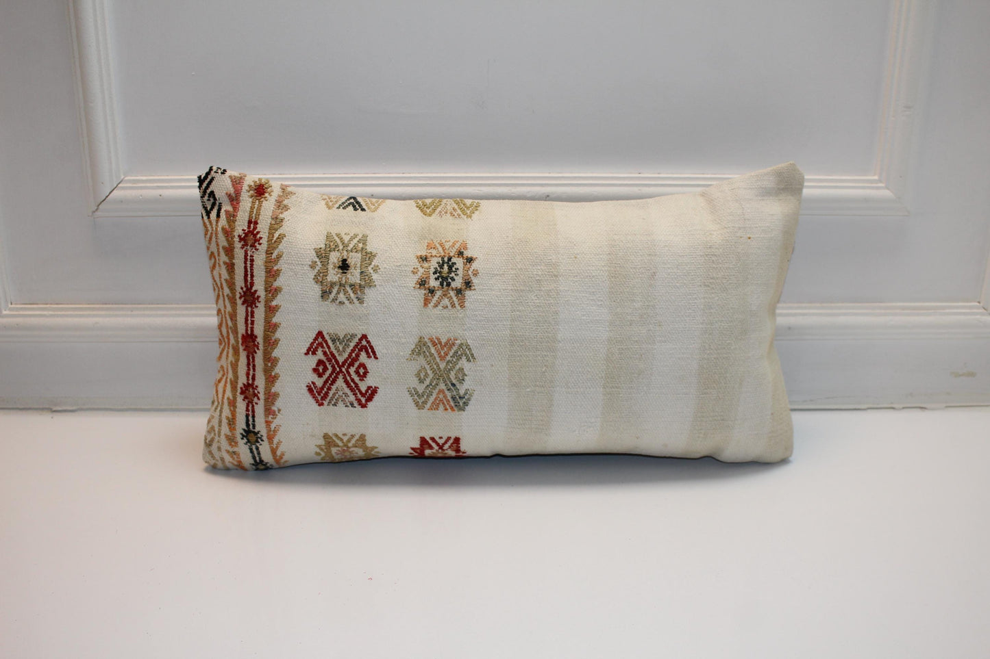 Handmade Kilim Lumbar Pillow Cover, Woven Wool Accent Cushion 12x24