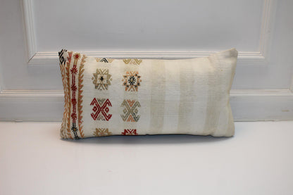 Handmade Kilim Lumbar Pillow Cover, Woven Wool Accent Cushion 12x24