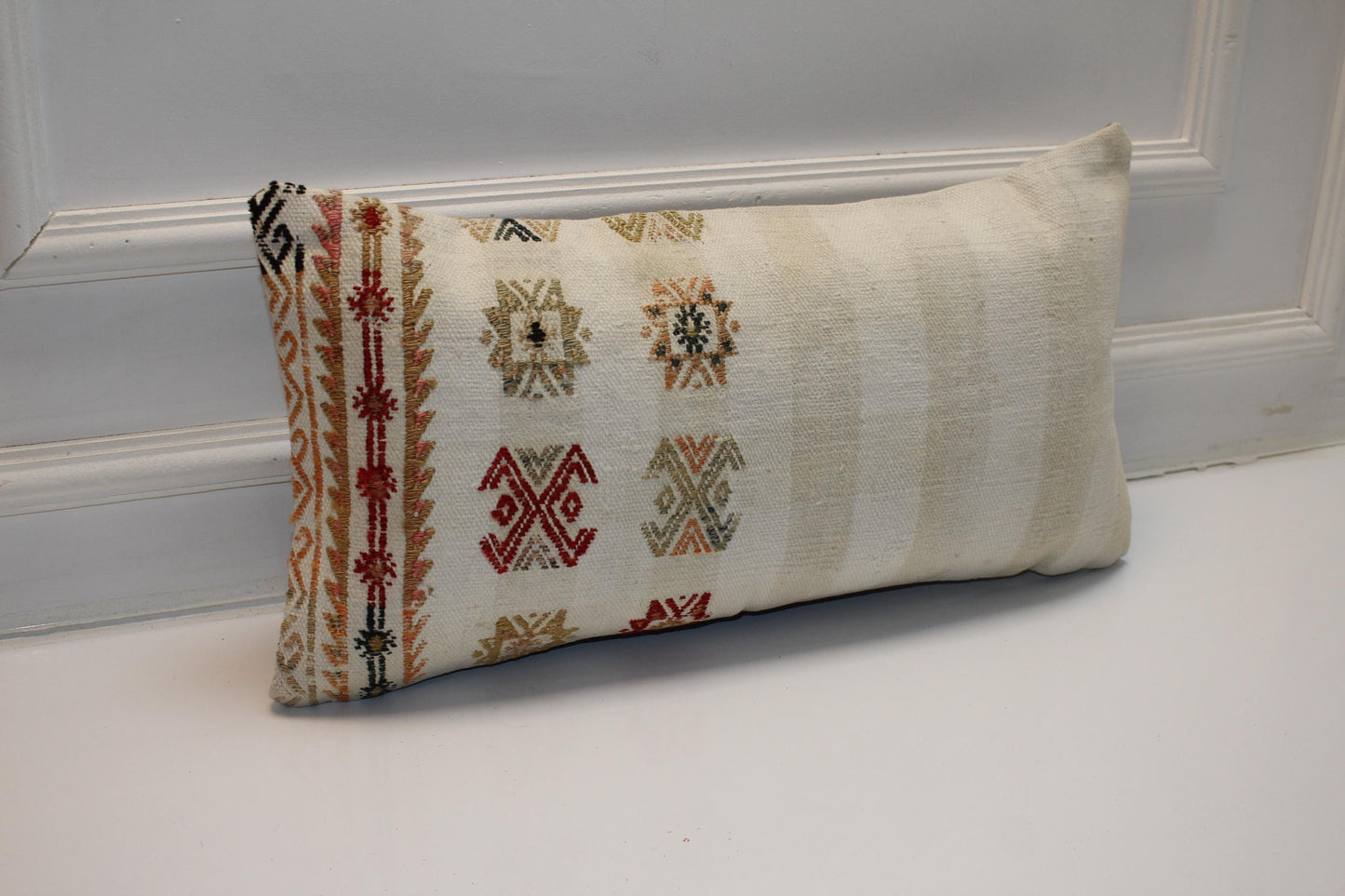 Handmade Kilim Lumbar Pillow Cover, Woven Wool Accent Cushion 12x24