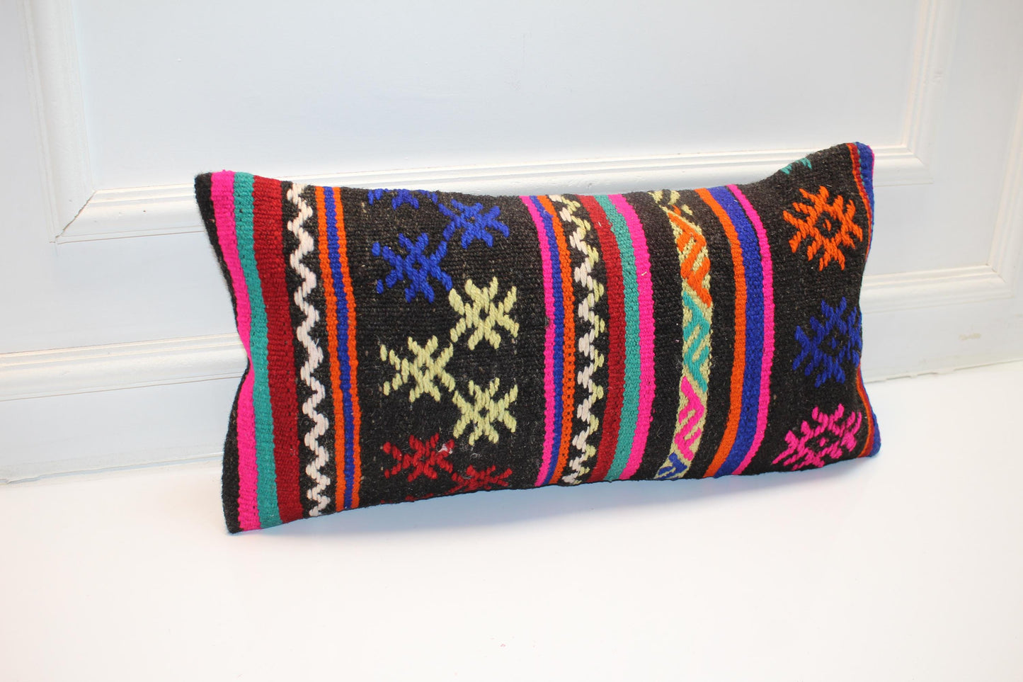 Handmade Lumbar Kilim Pillow Cover, Woven Wool Accent, 12x24