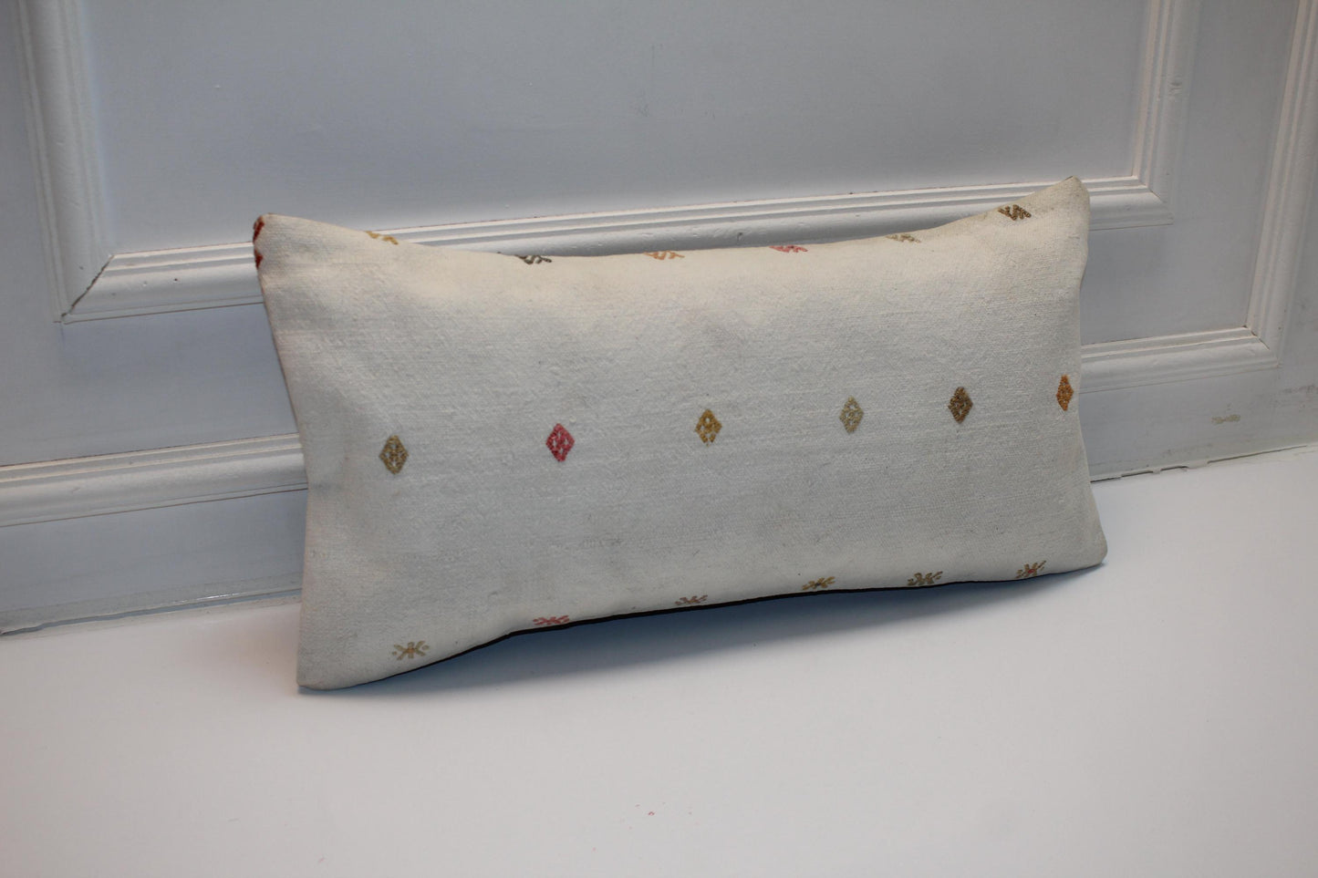 Minimal Woven Lumbar Pillow Cover, Ivory Accent, Upcycled Kilim 12x24