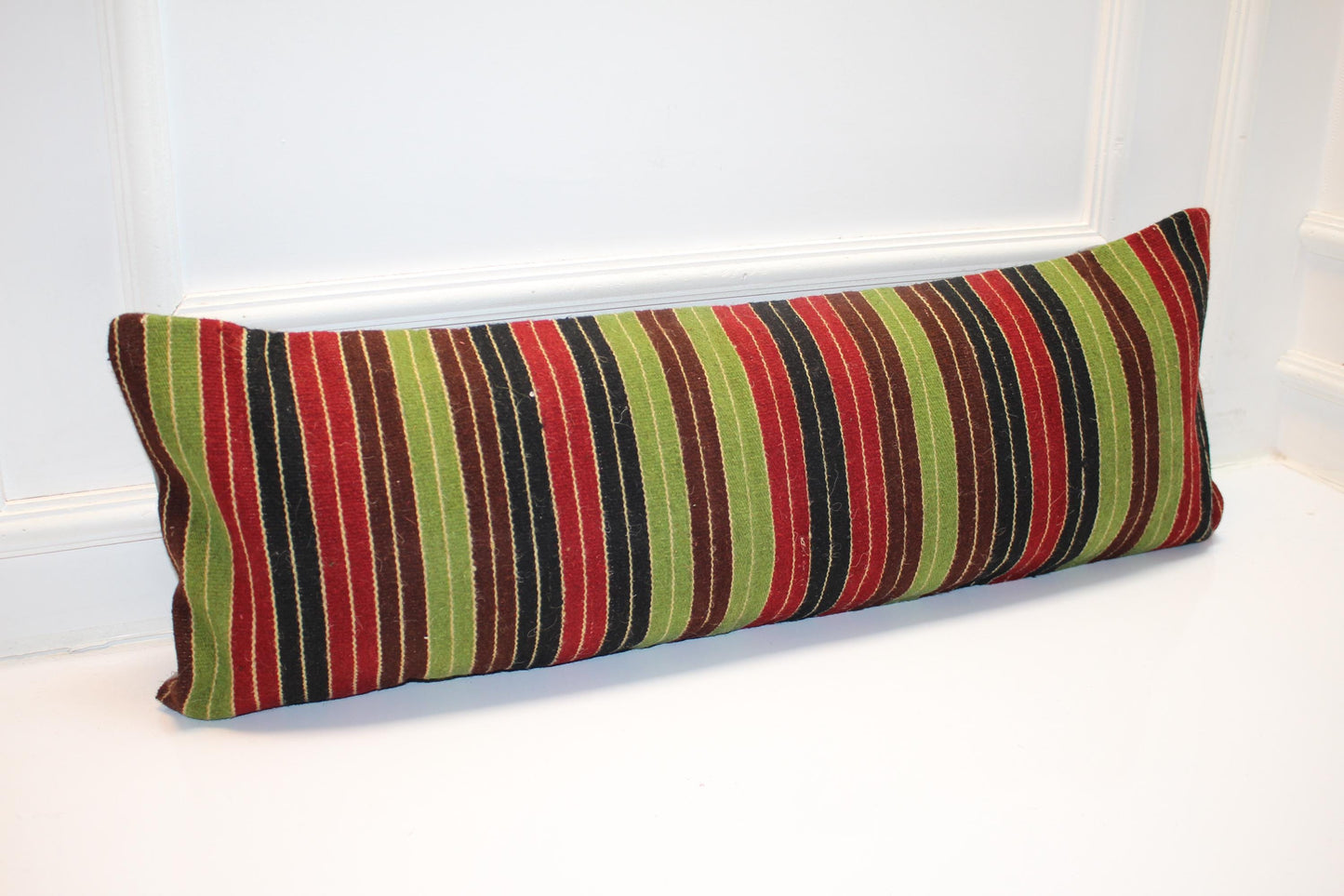 Striped Kilim Lumbar Pillow Cover, Red Green Black Woven Accent (12x36 inch)