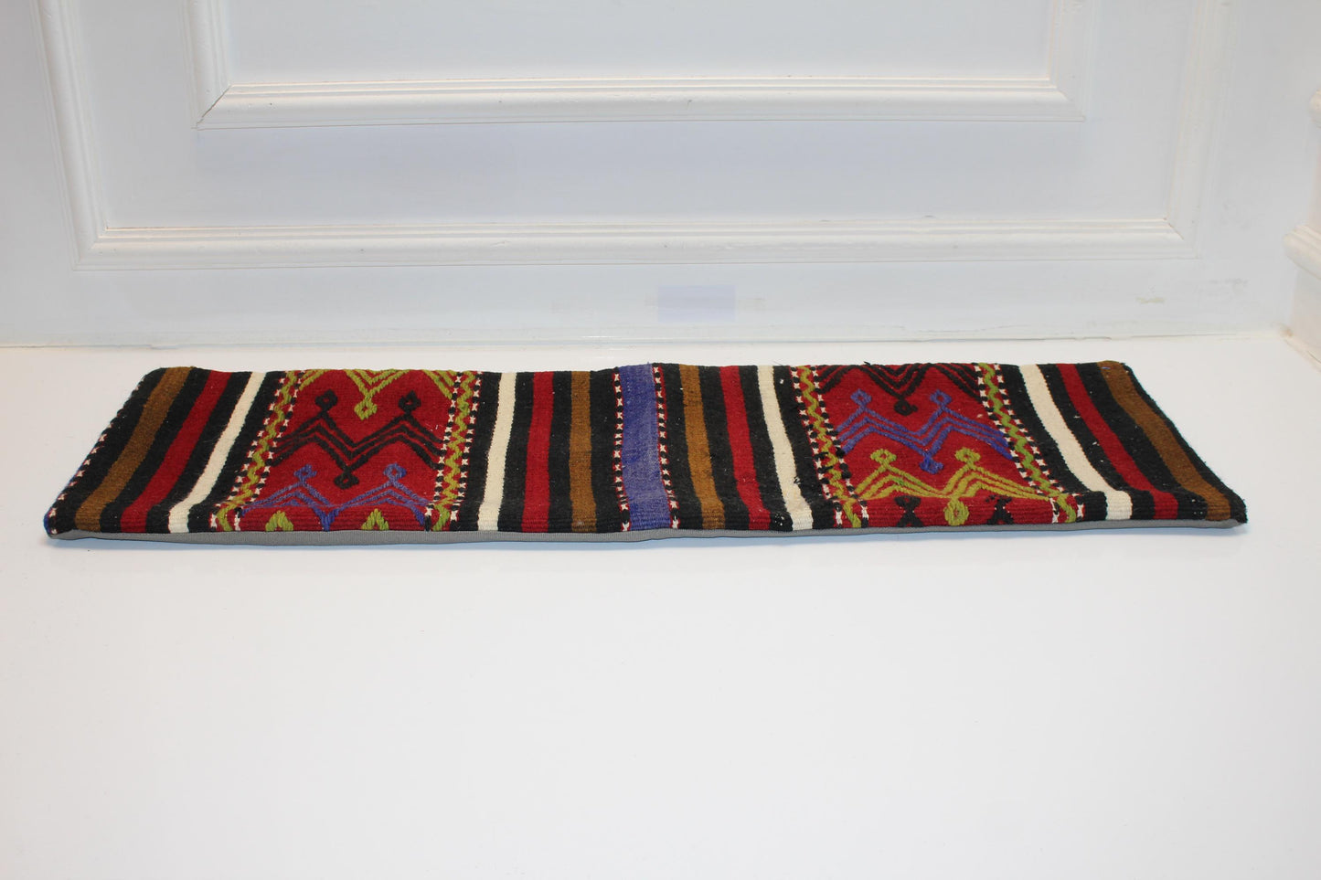 Geometric Woven Lumbar Pillow Cover, Red Black Accent, Kilim Upcycled (12x36 inch)