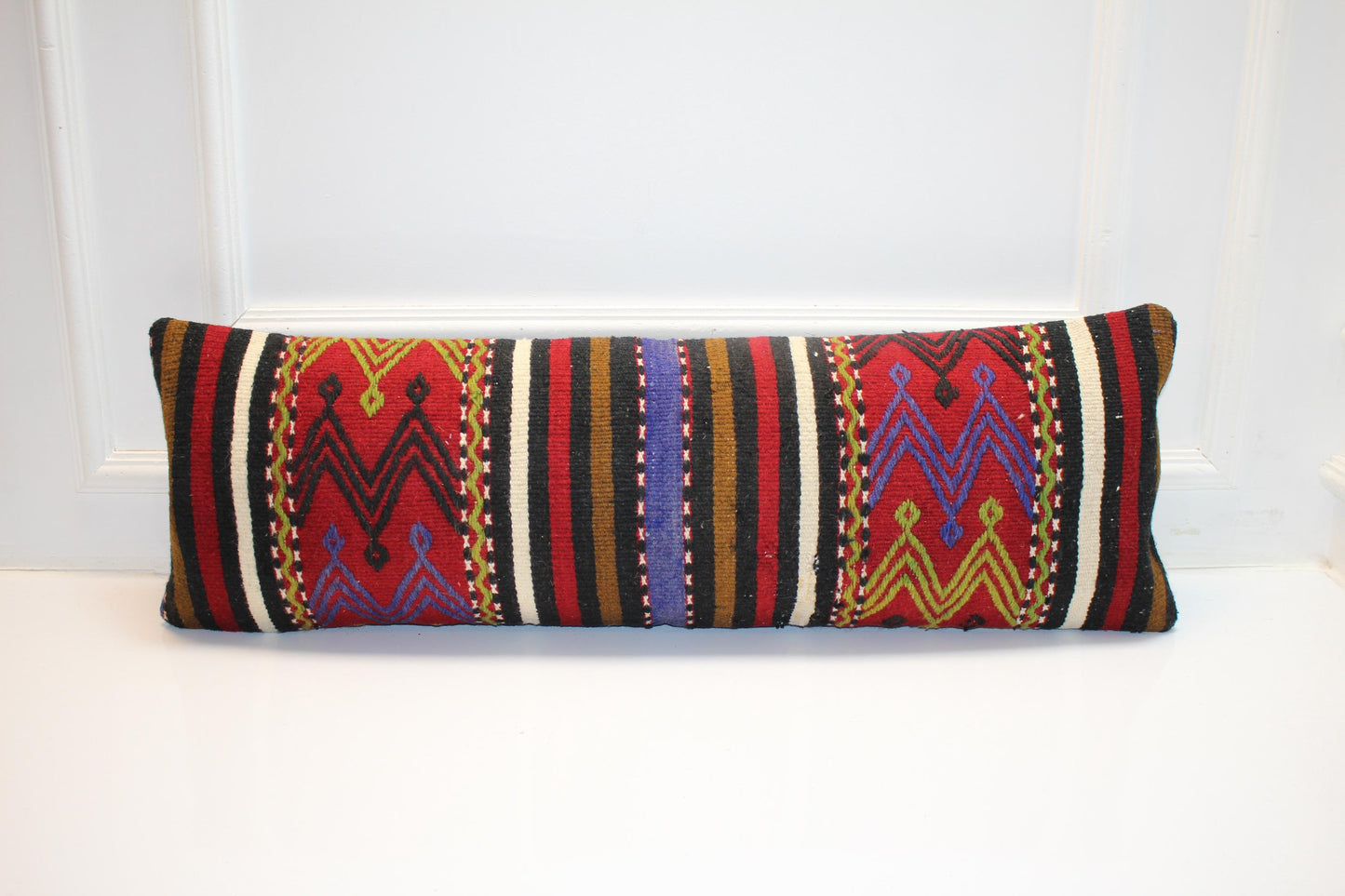 Geometric Woven Lumbar Pillow Cover, Red Black Accent, Kilim Upcycled (12x36 inch)