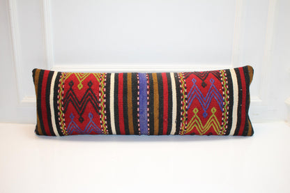 Geometric Woven Lumbar Pillow Cover, Red Black Accent, Kilim Upcycled (12x36 inch)