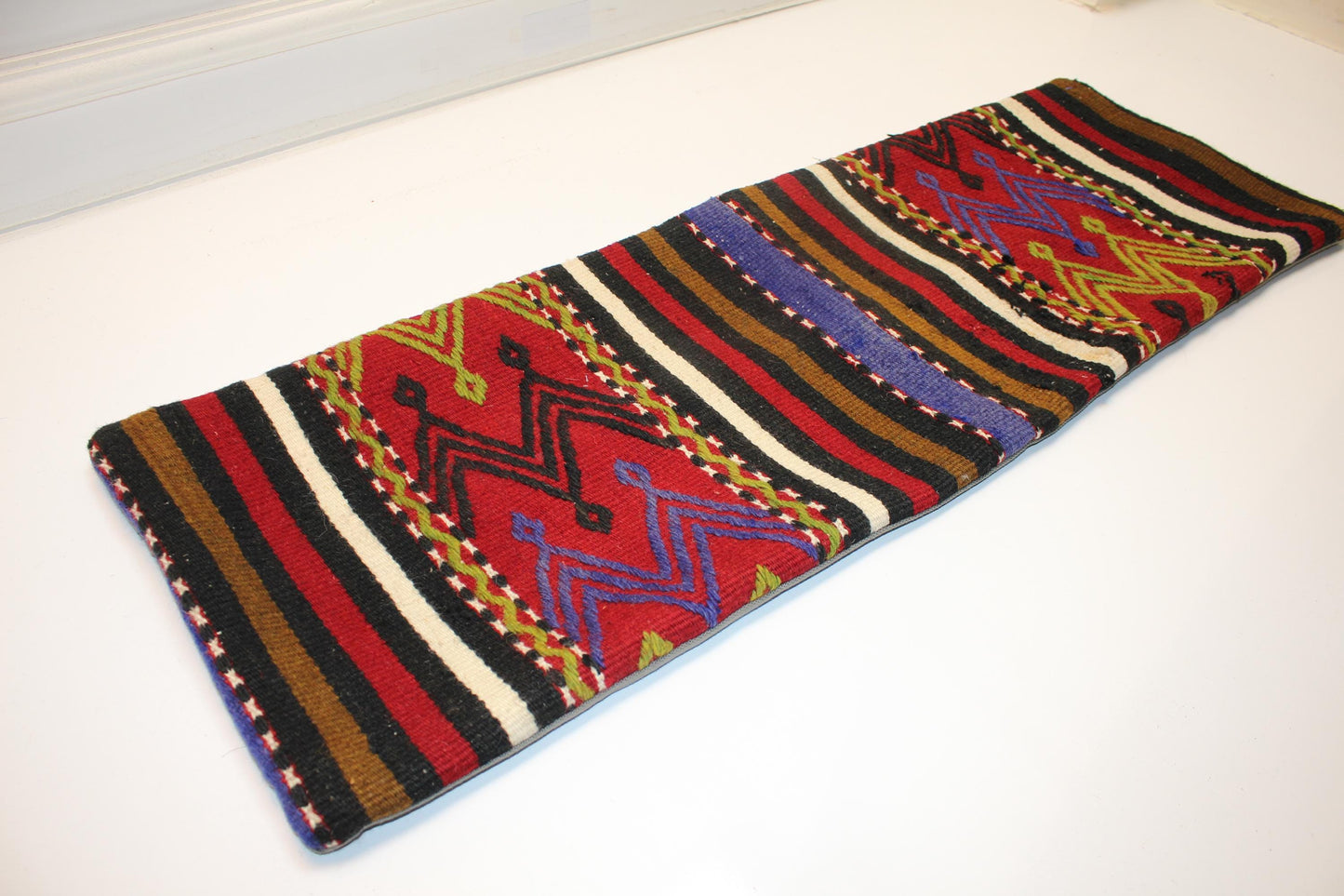 Geometric Woven Lumbar Pillow Cover, Red Black Accent, Kilim Upcycled (12x36 inch)