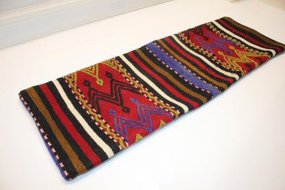 Geometric Woven Lumbar Pillow Cover, Red Black Accent, Kilim Upcycled (12x36 inch)