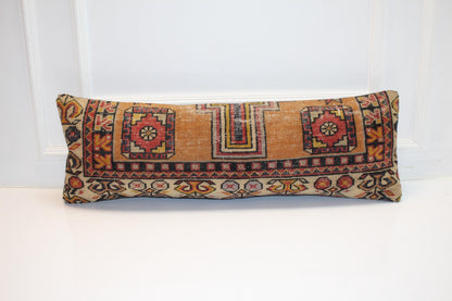 Geometric Kilim Lumbar Pillow Cover, Earth Tone Woven Cushion (12x36 inch)