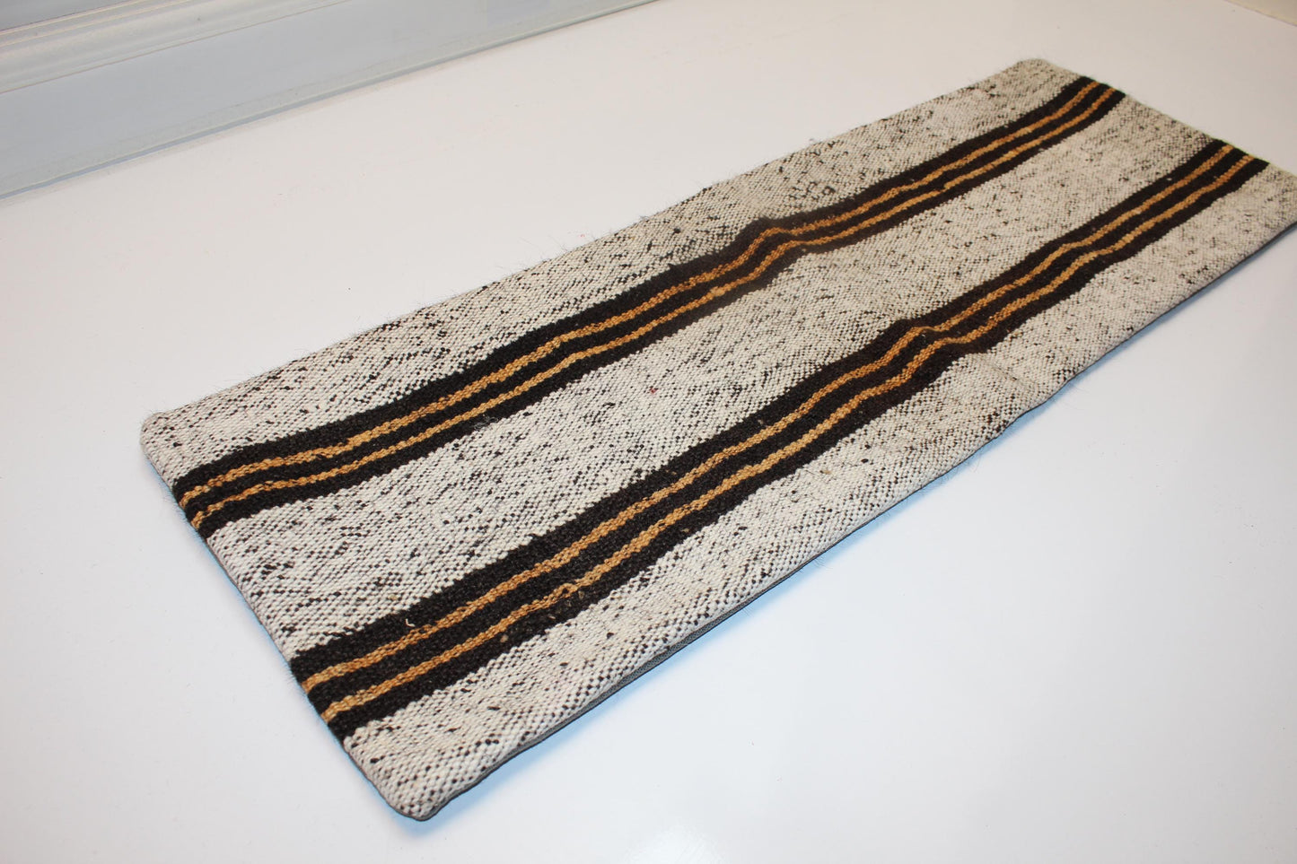 Handmade Striped Kilim Lumbar Pillow Cover, Cream & Black (12x36 inch)