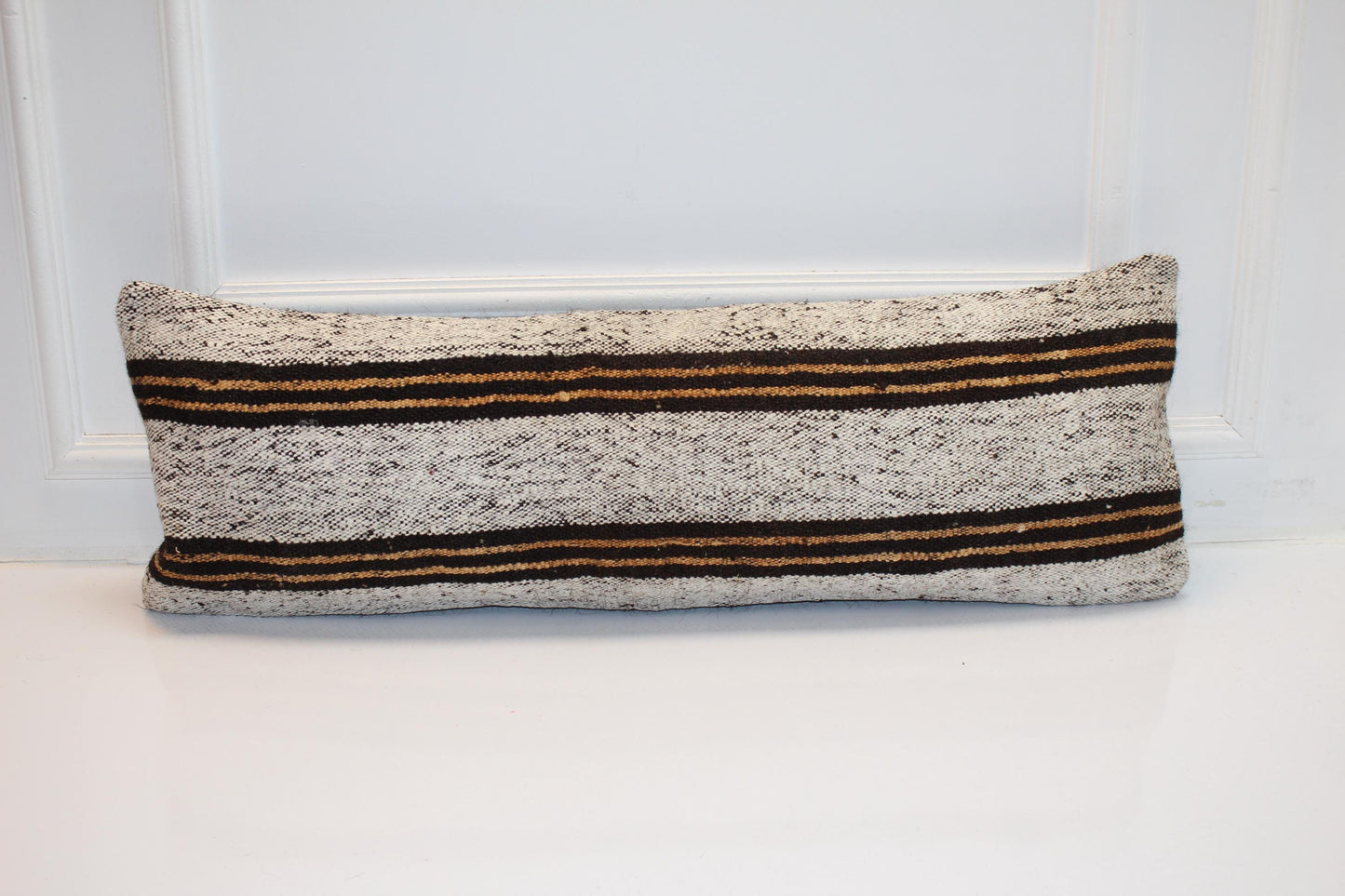 Handmade Striped Kilim Lumbar Pillow Cover, Cream & Black (12x36 inch)