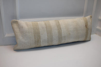 Handmade Cream Kilim Lumbar Pillow Cover, Woven Texture (12x36 inch)