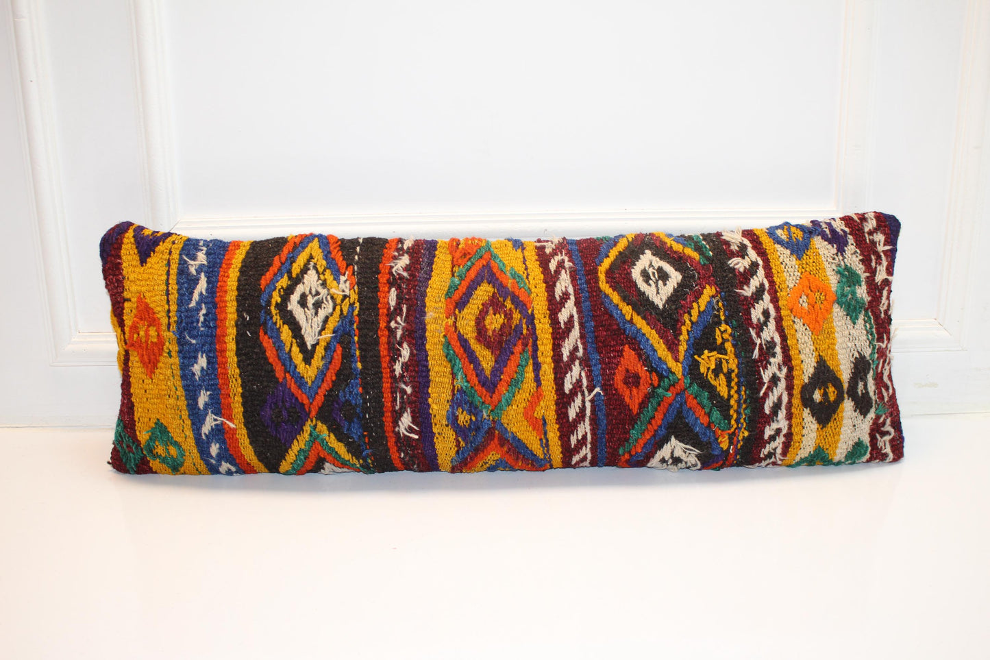 Geometric Kilim Lumbar Pillow Cover, Multicolor Woven Accent (12x36 inch)