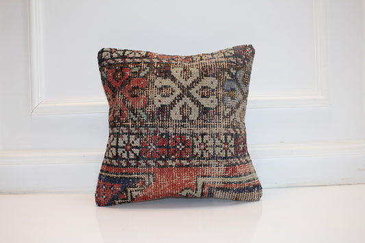 Vintage Turkish Kilim Pillow Cover, Multicolor Faded Rug Cushion with Traditional Motifs, Boho Anatolian Home Decor(16x16 in)
