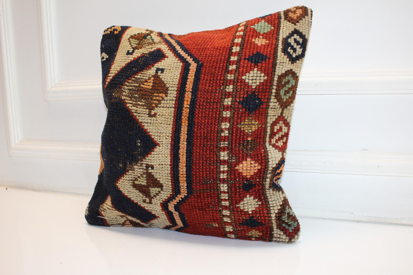 Vintage Turkish Kilim Pillow Cover, Geometric Boho Rug Cushion (16x16 in)