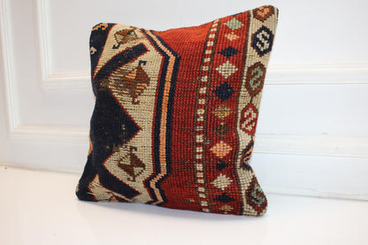Vintage Turkish Kilim Pillow Cover, Geometric Boho Rug Cushion (16x16 in)