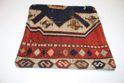 Vintage Turkish Kilim Pillow Cover, Geometric Boho Rug Cushion (16x16 in)
