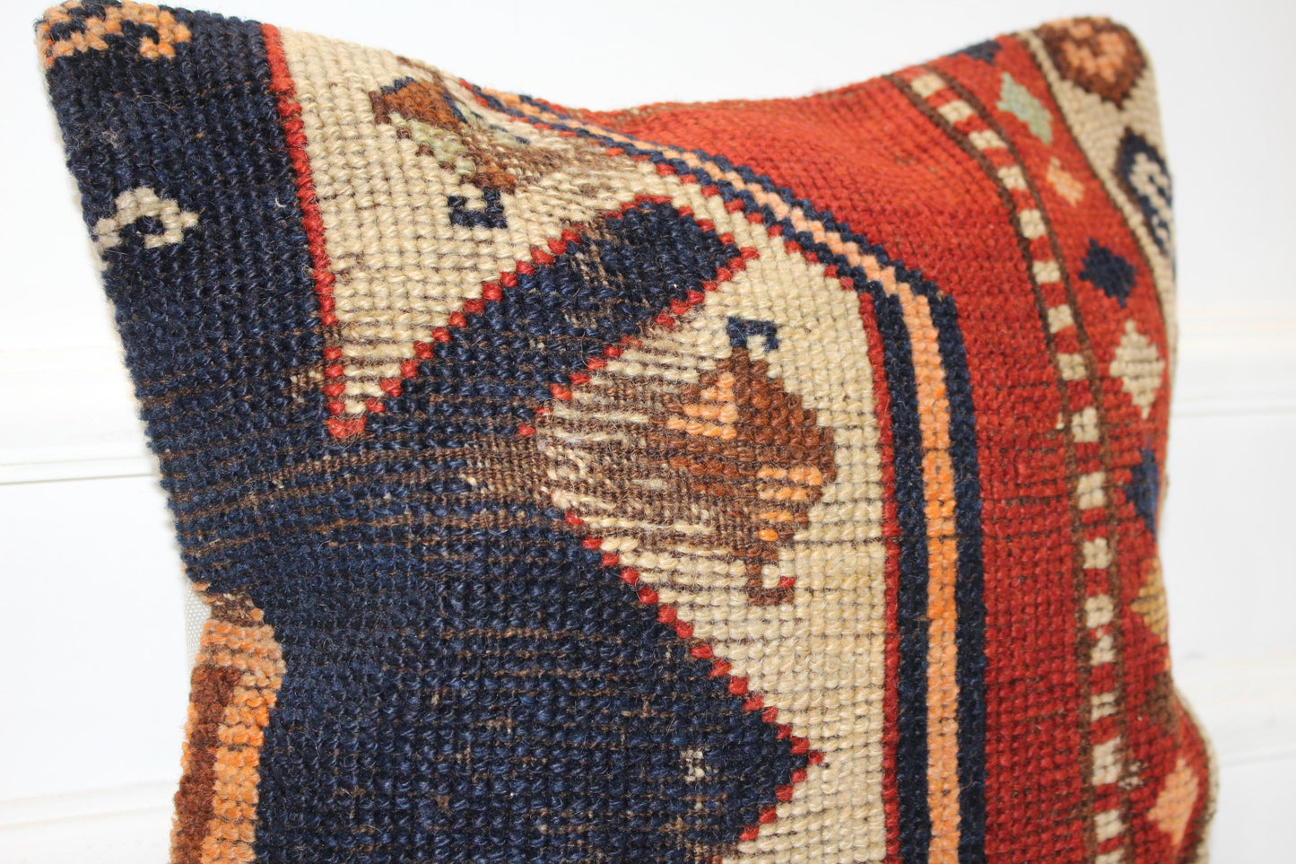 Vintage Turkish Kilim Pillow Cover, Geometric Boho Rug Cushion (16x16 in)