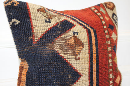 Vintage Turkish Kilim Pillow Cover, Geometric Boho Rug Cushion (16x16 in)