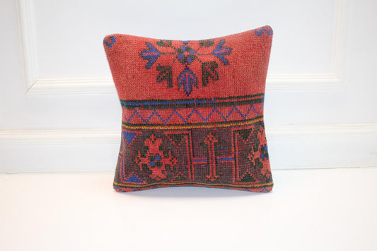 Vintage Turkish Kilim Lumbar Pillow Cover , Handwoven Anatolian Rug Cushion, Rustic Boho Home Decor (16x16 in)