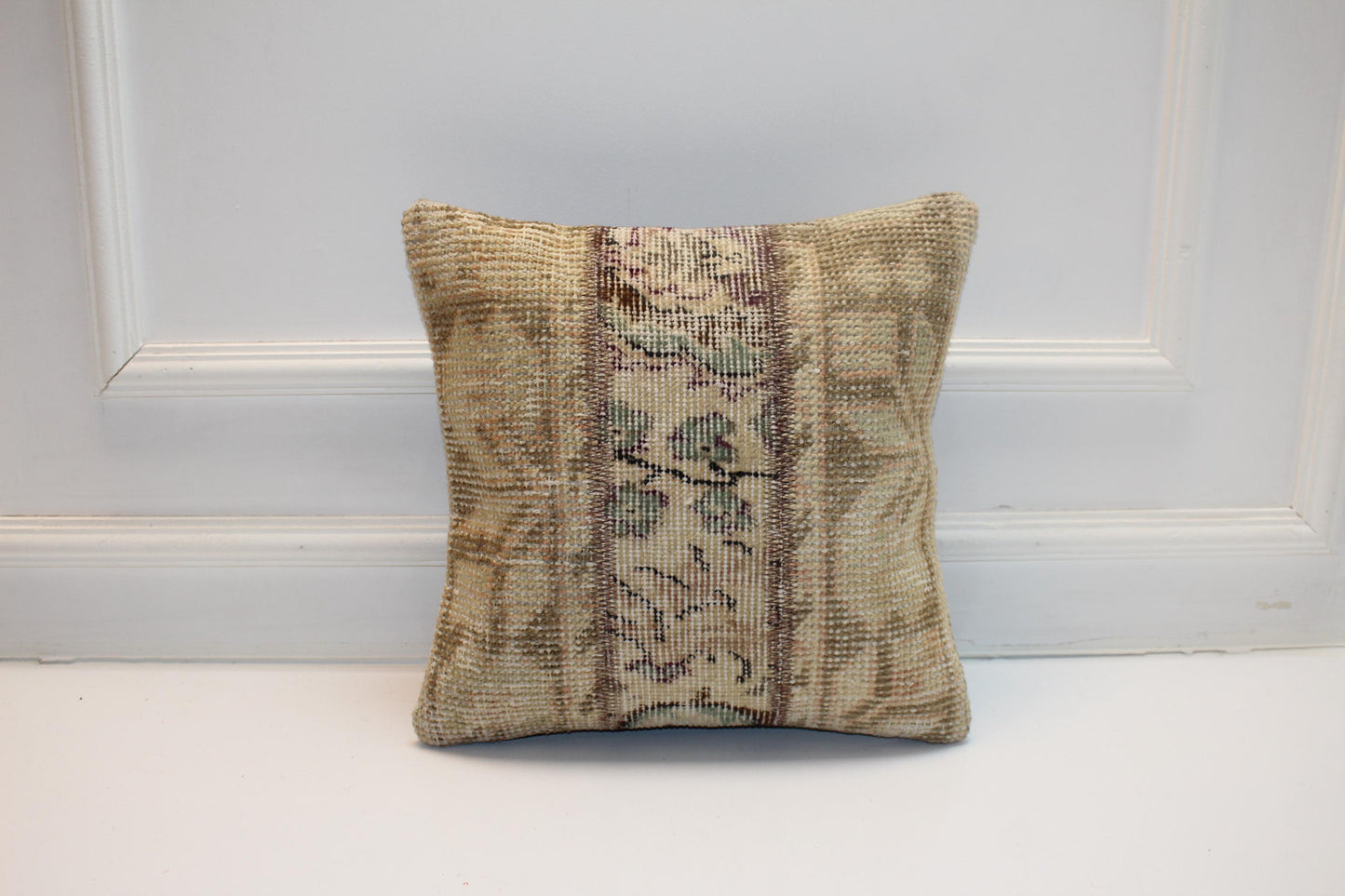 Soft Neutral Woven Textile Accent, Faded Botanical Surface with Vertical Panel, One of a Kind Interior Piece(16x16 in)