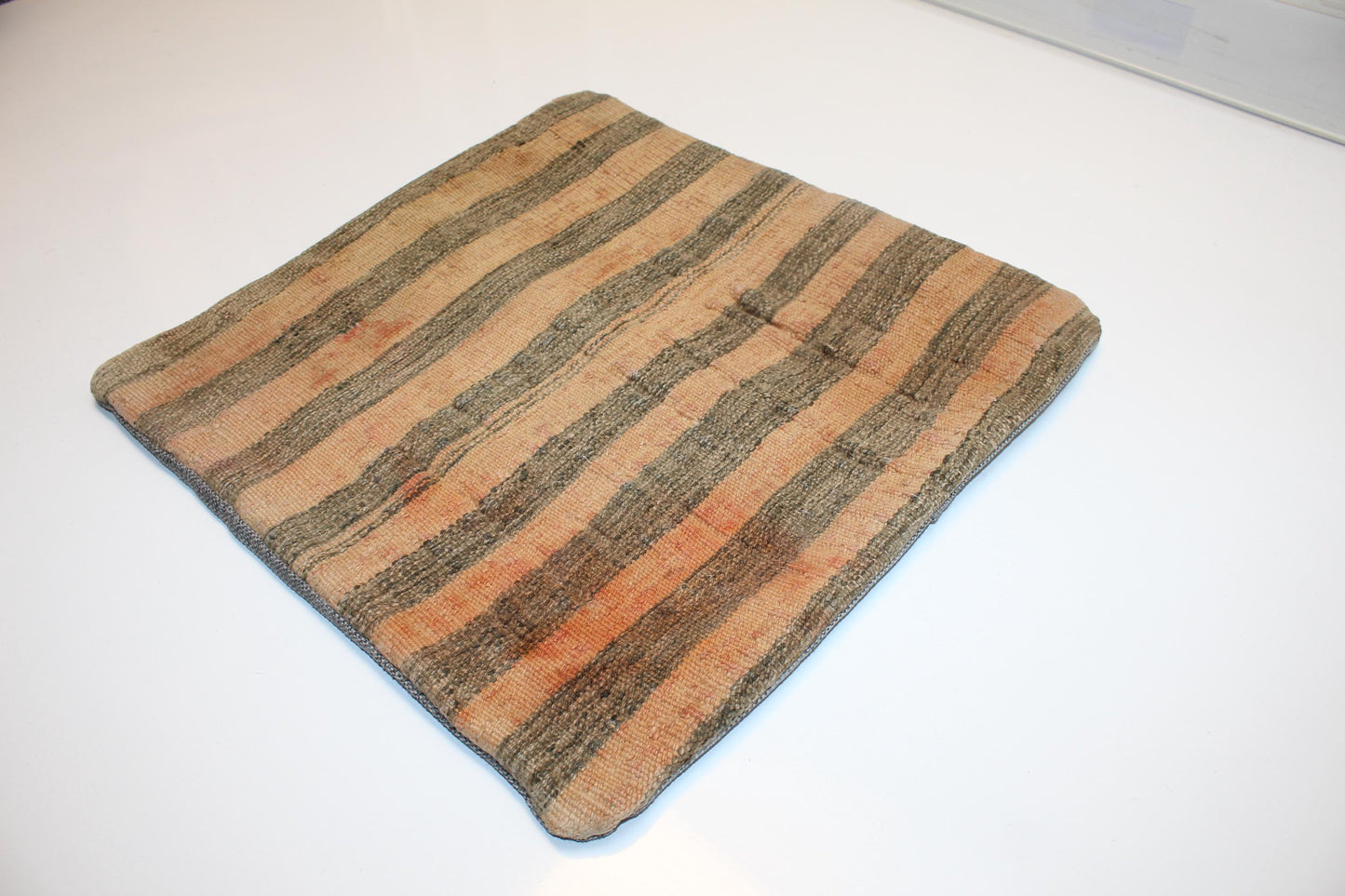 Vertical Stripe Woven Textile Accent, Earthy Linear Surface with Soft Patina, One of a Kind Interior Element(16x16 in)
