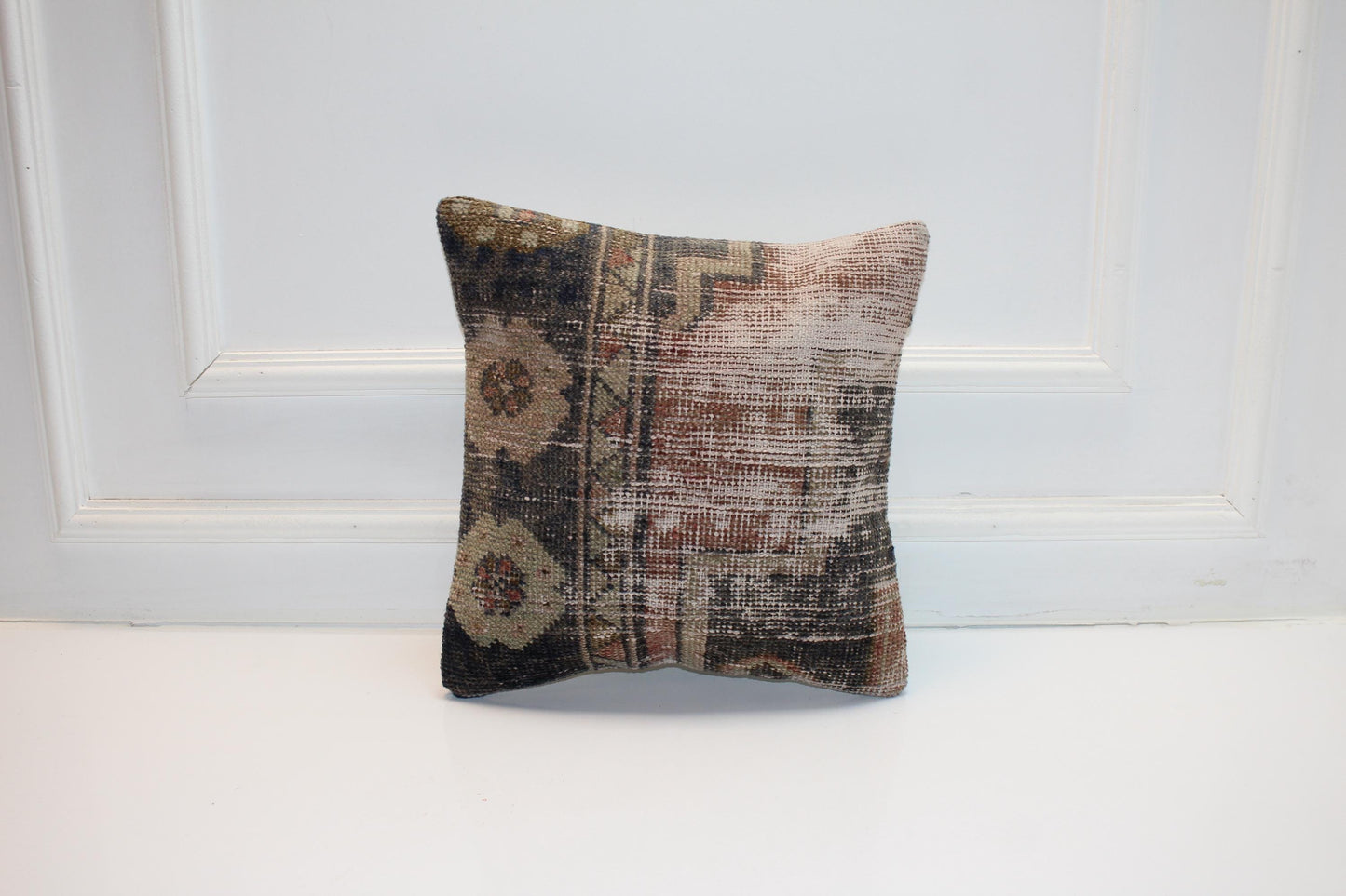 Dual Surface Woven Textile Accent, Softly Faded Motifs with Calm Neutral Balance, One of a Kind Interior Detail(16x16 in)