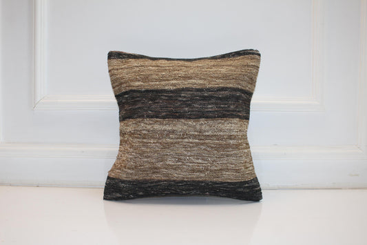 Vintage Turkish Kilim Pillow, Neutral Striped Rug Cushion, Earth Tone Boho Decor, Minimal Rustic Square Accent Pillow(16x16 in)