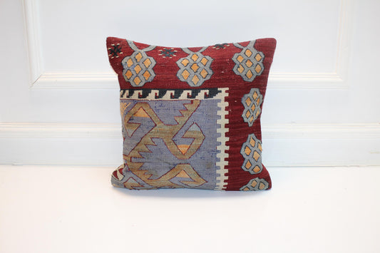 Vintage Turkish Kilim Pillow Cover, Red Blue Geometric Rug Cushion, Handwoven Anatolian Boho Home Decor (16x16 in)