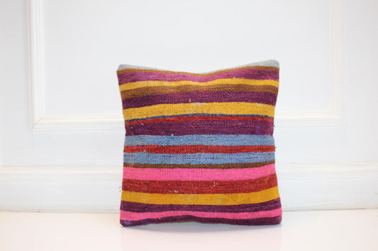 Vintage Turkish Kilim Pillow, Colorful Striped Rug Cushion, Boho Folk Decor, Handmade Square Accent Pillow(16x16 in)