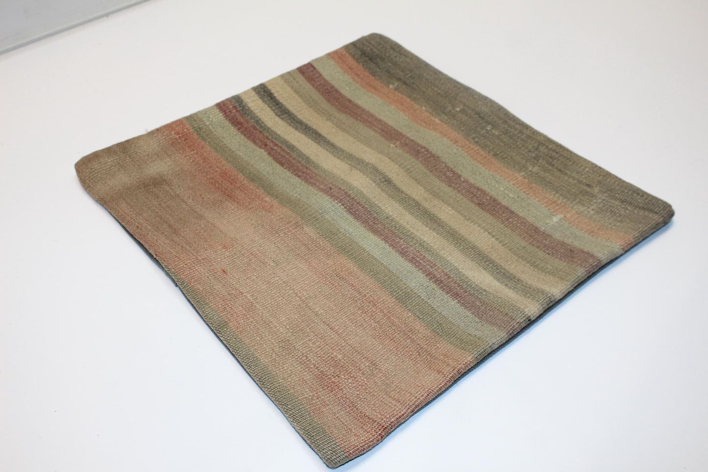 Handwoven Turkish Kilim Pillow Cover, Neutral Striped Rug Cushion (16x16 in)