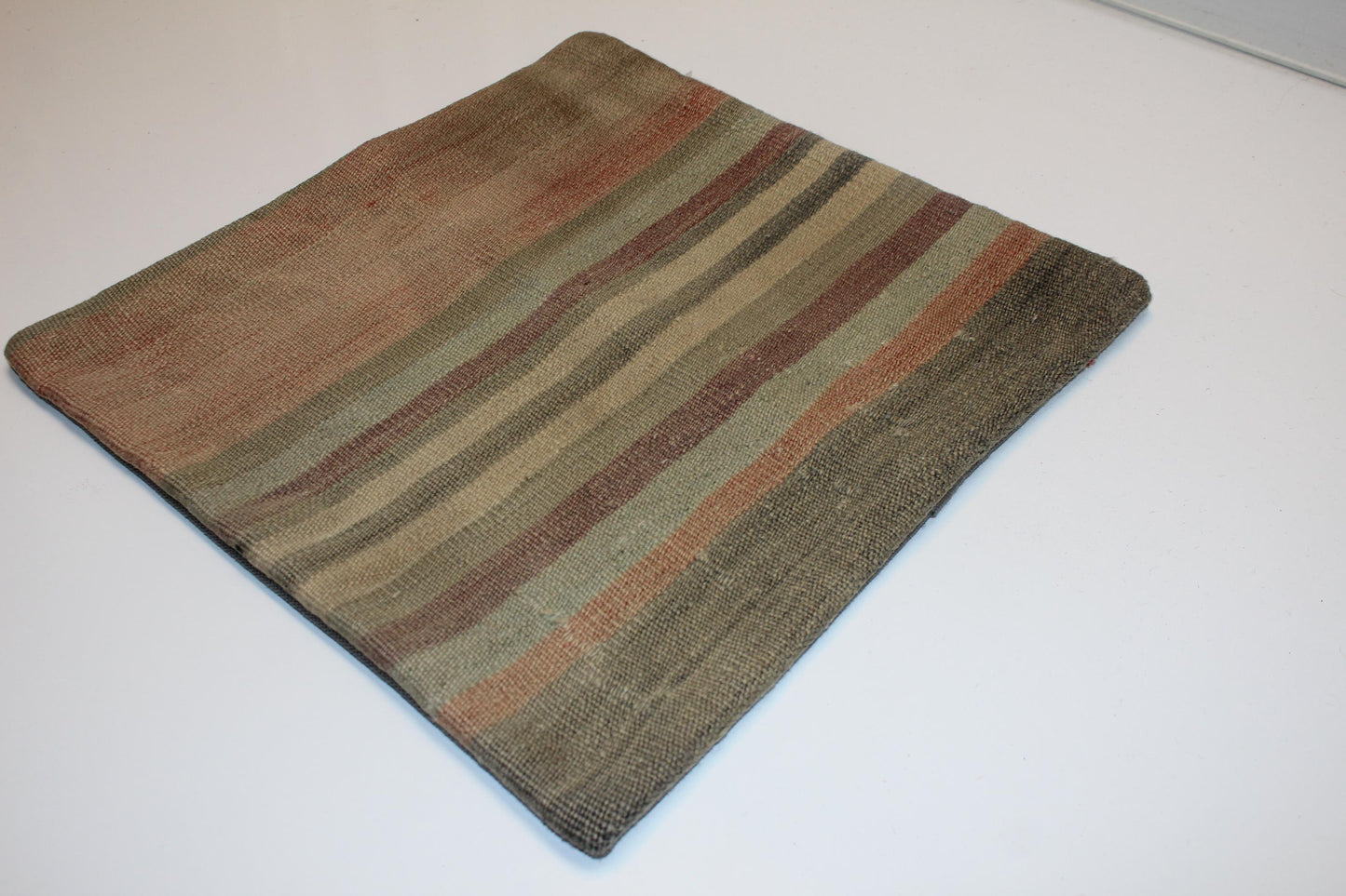 Handwoven Turkish Kilim Pillow Cover, Neutral Striped Rug Cushion (16x16 in)