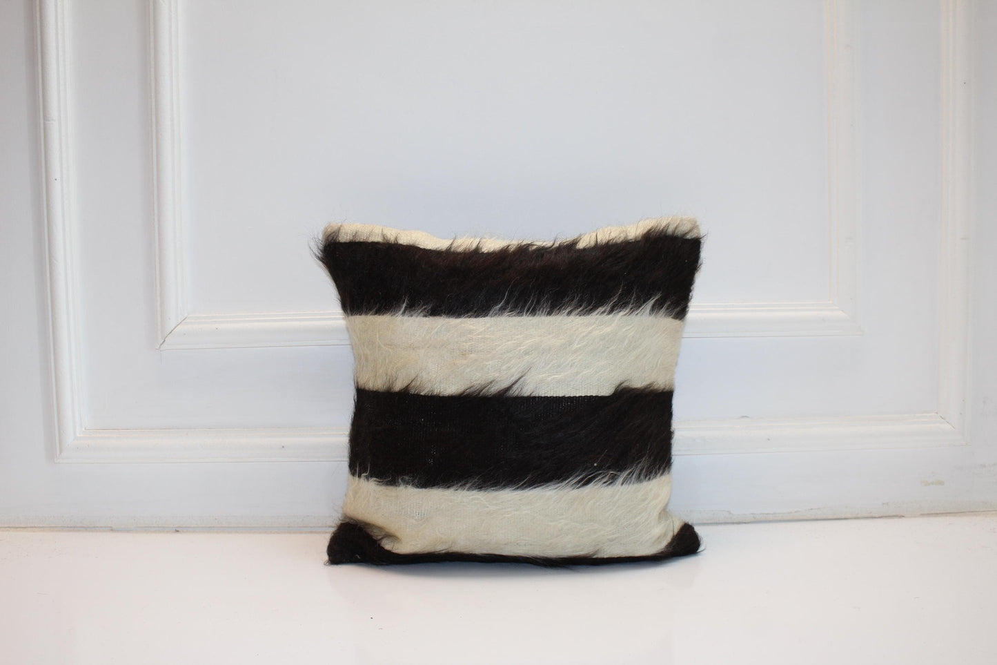 Black White Striped Wool Cushion, Minimal Rustic Boho Decor, Handmade Square Accent Pillow(16x16 in)