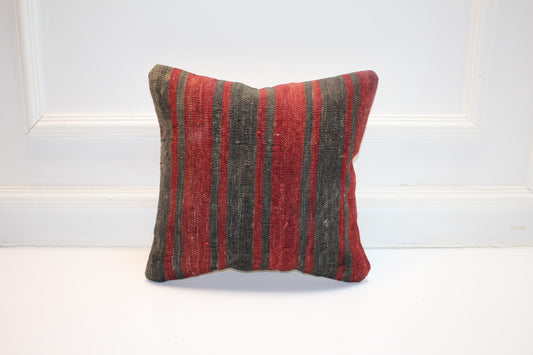 Vintage Turkish Kilim Pillow Cover, Red Charcoal Striped Rug Cushion, Handwoven Anatolian Rustic Boho Decor (16x16 in)