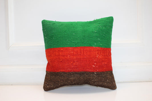 Green Red Color Block Rug Cushion, Bold Rustic Boho Decor, Handmade Square Accent Pillow(16x16 in)