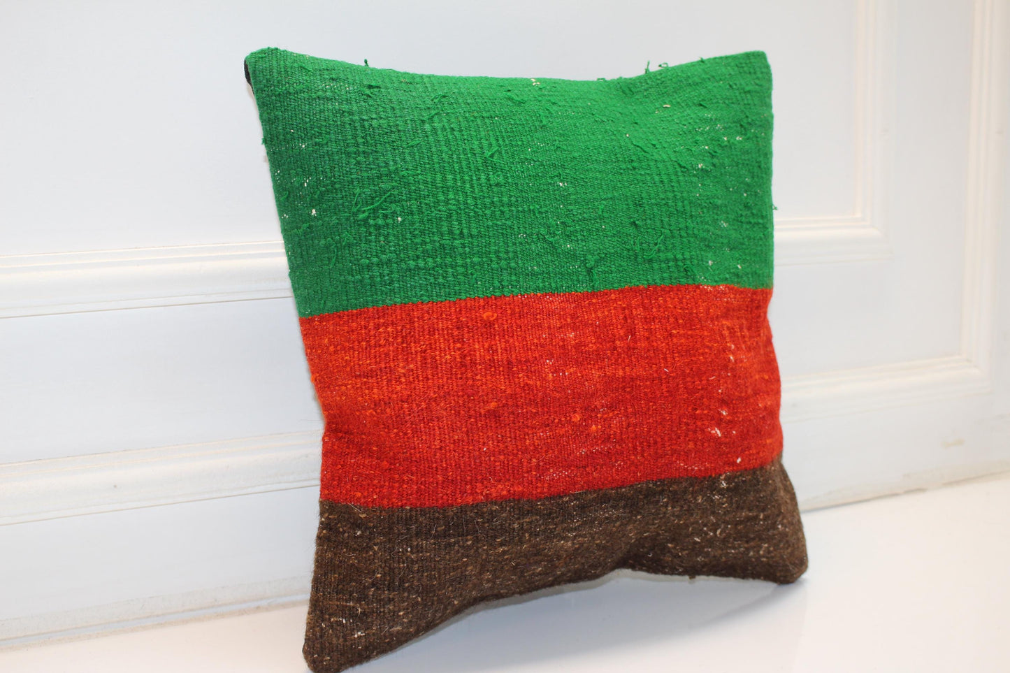 Green Red Color Block Rug Cushion, Bold Rustic Boho Decor, Handmade Square Accent Pillow(16x16 in)