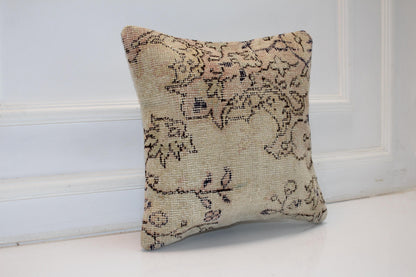 Neutral Floral Rug Cushion, Soft Beige Antique Look Decor, Handmade Square Accent Pillow(16x16 in)