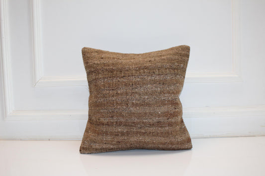 Solid Brown Rustic Rug Cushion, Minimal Natural Decor, Handmade Square Accent Pillow(16x16 in)
