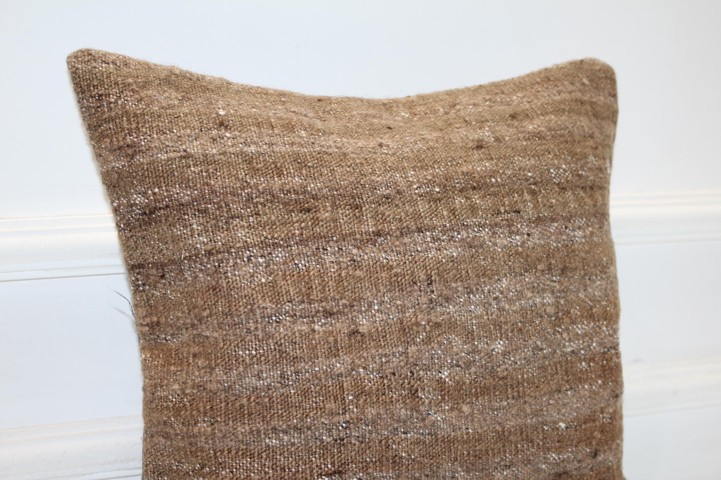 Solid Brown Rustic Rug Cushion, Minimal Natural Decor, Handmade Square Accent Pillow(16x16 in)