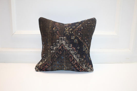 Vintage Turkish Kilim Pillow Cover, Dark Abstract Rug Cushion, Handwoven Anatolian Rustic Boho Home Decor (16x16 in)