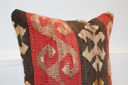 Red Black Patterned Rug Cushion, Ethnic Tribal Motif Decor, Handmade Square Accent Pillow(16x16 in)