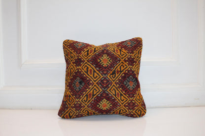 Geometric Diamond Rug Cushion, Warm Tribal Pattern Decor, Handmade Square Accent Pillow(16x16 in)