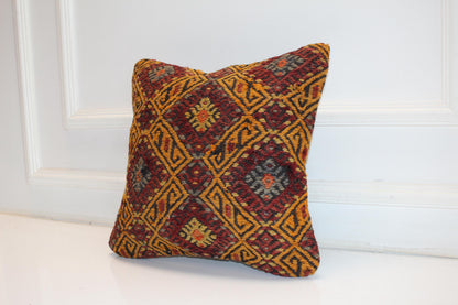 Geometric Diamond Rug Cushion, Warm Tribal Pattern Decor, Handmade Square Accent Pillow(16x16 in)