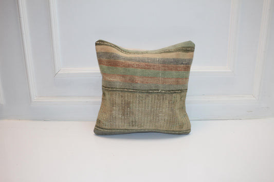 Vintage Turkish Kilim Pillow Cover, Neutral Earth Tone Rug Cushion, Handwoven Anatolian Rustic Boho Decor (16x16 in)