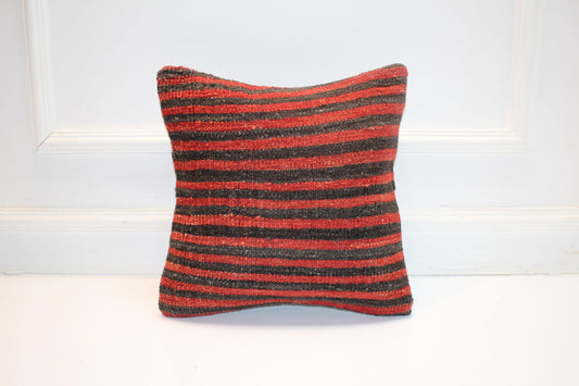 Vintage Turkish Kilim Pillow Cover, Red Black Striped Rug Cushion, Handwoven Anatolian Bold Boho Decor (16x16 in)