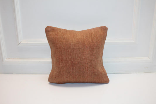 Vintage Turkish Kilim Pillow Cover, Solid Camel Brown Rug Cushion, Handwoven Anatolian Minimal Rustic Decor(16x16 in)