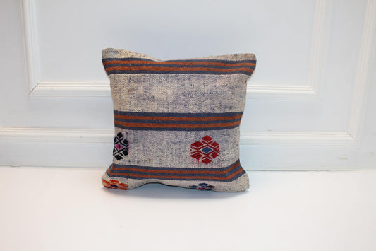 Vintage Turkish Kilim Pillow Cover, Ivory Striped Tribal Rug Cushion, Handwoven Anatolian Boho Rustic Decor(16x16 in)
