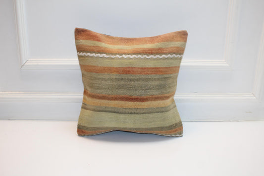 Vintage Turkish Kilim Pillow Cover, Soft Earth Tone Striped Rug Cushion, Handwoven Anatolian Boho Rustic Decor(16x16 in)